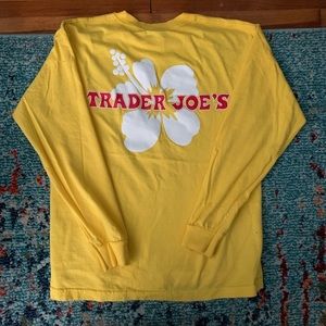 long sleeve, yellow trader joe’s employee shirt in size small